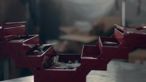 Працівник у своєму гаражі з червоною коробкою для зберігання інструментів — стокове відео