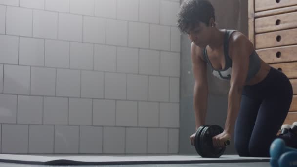 Jeune en forme et tonifier femme faisant entraînement de remise en forme au grenier ensoleillé — Video