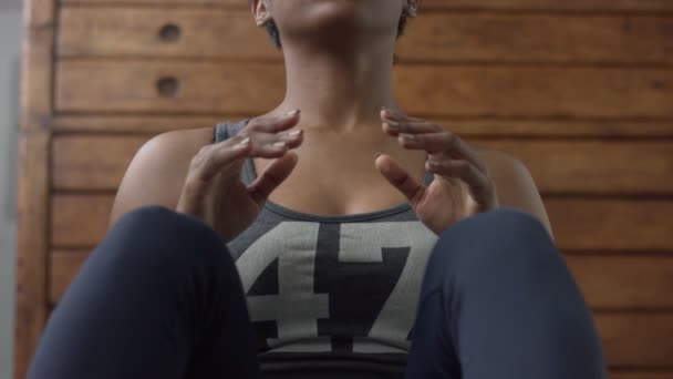 Junge perfekt sitzende Mischlingshündin bei ihrem Bauchtraining im sonnigen Loft — Stockvideo