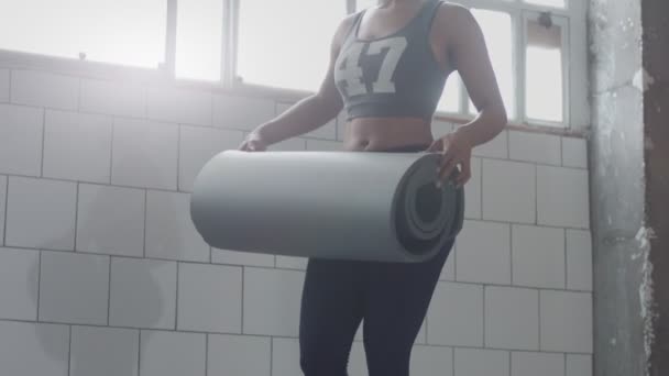 Mladá fit a tonizaci žena Příprava koberec trénink snímek na prkně cvičení — Stock video