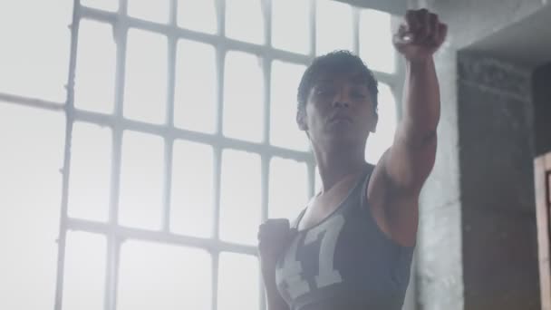Молода змішана раса афроамериканська жінка робить бокс тренування в сонячному лофт — стокове відео