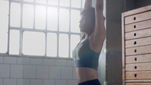 Jovem ajuste e tom para cima mulher fazendo aquecimento antes de um treino de fitness em loft ensolarado — Vídeo de Stock