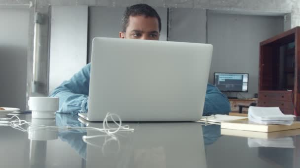 Homem adulto de raça mista trabalhando em estúdio com notebook — Vídeo de Stock