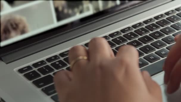 Closeup of mans hand and notebook keyboard — Stock Video