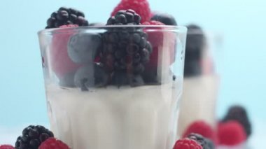 Şeffaf Yoğurt Dolu Bardaklar, Panna Cotta, Beyaz Vanilyalı Krema
