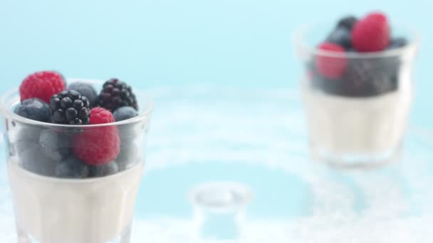 Прозорі окуляри, повні йогурту, пана-кота, білий ванільний мус, прикрашений ягодами — стокове відео