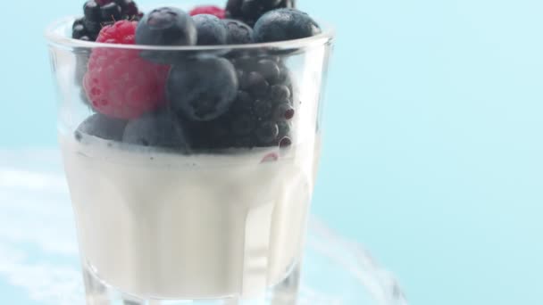Transparenta glas fulla av yoghurt, Panna Cotta, vit vanilj mousse dekorerad med bär — Stockvideo