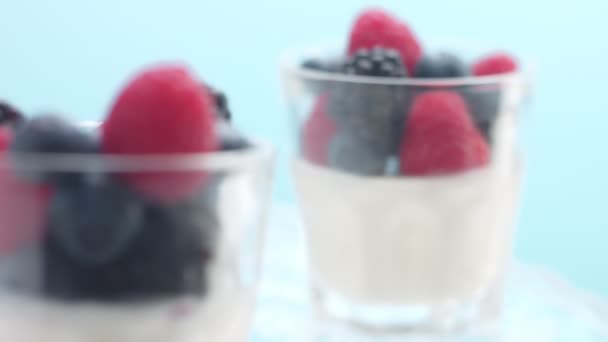 Transparenta glas fulla av yoghurt, Panna Cotta, vit vanilj mousse dekorerad med bär — Stockvideo
