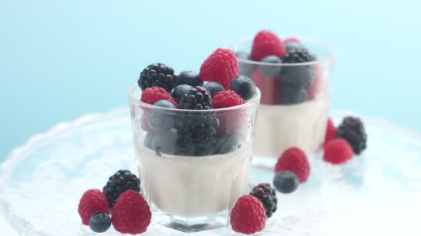 Transparante glazen vol yoghurt, Panna Cotta, White Vanilla Mousse versierd met bessen — Stockvideo