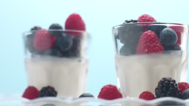 Transparente Gläser voller Joghurt, Panna Cotta, weißer Vanillemousse mit Beerendekor — Stockvideo