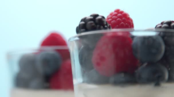 딸기 투명 안경은 요구르트, 코타 panna, 화이트 바닐라 무스의 전체 장식 — 비디오