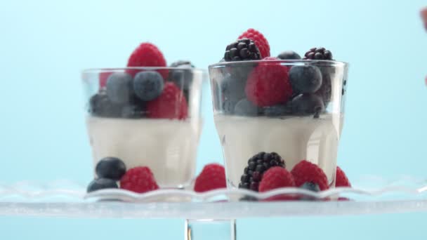 Transparente Gläser voller Joghurt, Panna Cotta, weißer Vanillemousse mit Beerendekor — Stockvideo