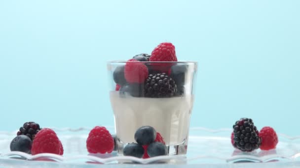 Transparente Gläser voller Joghurt, Panna Cotta, weißer Vanillemousse mit Beerendekor — Stockvideo