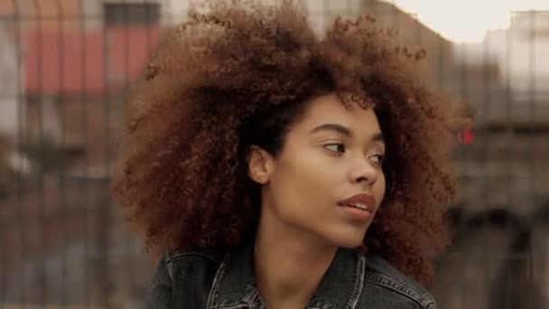 Black mixed race woman with big afro curly hair in outdoor city — Stock Video