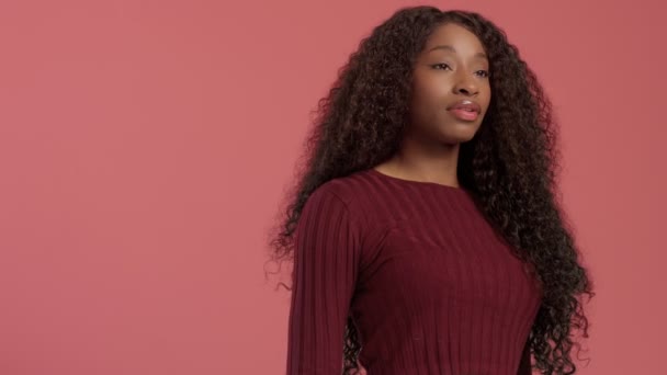 長い巻き毛と完璧な笑顔の美しさ黒混血アフリカ系アメリカ人女性 — ストック動画