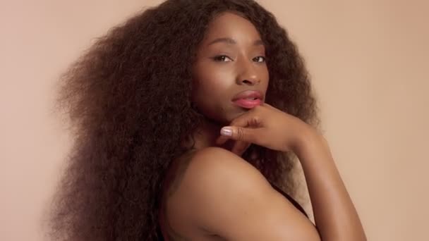 Beauty black mixed race african american woman with long curly hair and perfect smile — Stock Video