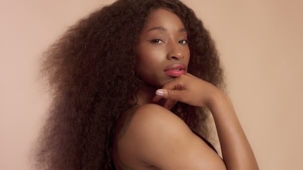 Beauty black mixed race african american woman with long curly hair and perfect smile Royalty Free Stock Footage