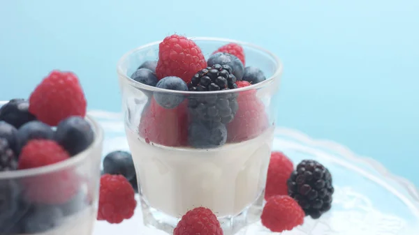 Прозрачные стаканы с йогуртом, Панна Котта, белый ванильный мусс, украшенный ягодами — стоковое фото
