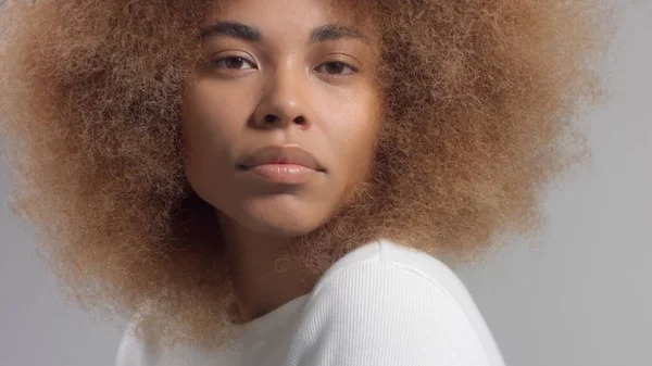 Mixta raza negro mujer con Grande afro cabello en estudio poner un crema mancha — Foto de Stock