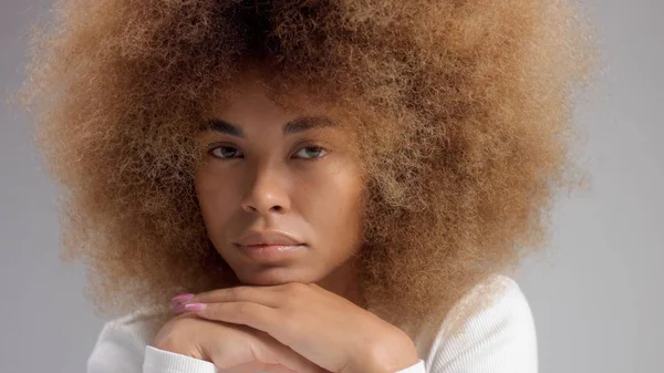 Smíšené rasy černošky žena s velkým afro vlasy ve studiu dát smetanovou šmouhu — Stock fotografie