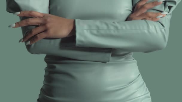 混合レース女性で大きな巻き毛で革のファッションドレスでスタジオ — ストック動画