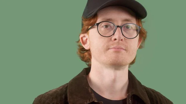 Authentic style male closeup portrait redhead man in glasses in studio — Stock Photo, Image