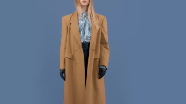 Fashion editorial portrait of blonde model pass her hand on her hat watching to the camera — Stockvideo