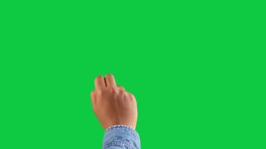 mixed race deep skin tone male hand makes a scroll up with two fingers gesture on chromakey green