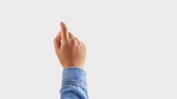 Mixed race deep skin tone male hand makes a swipe to the right with one index finger forefinger gesture on white — Stok video