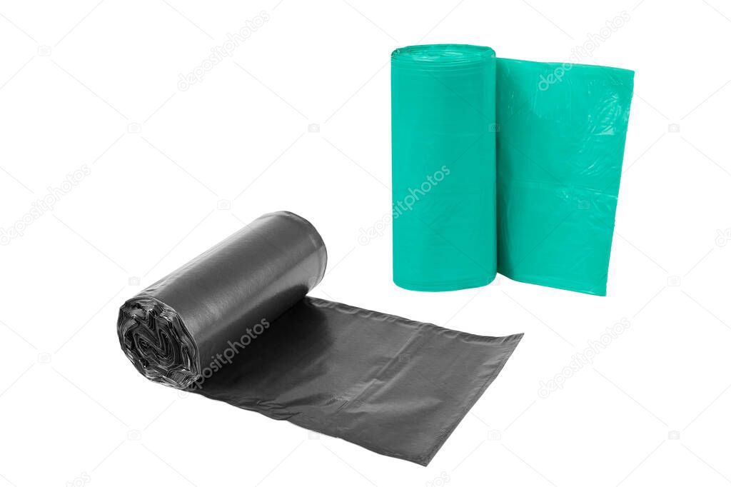 Rolls  of disposable trash bags isolated on white background