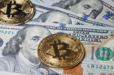 Bize dolar arka plan için iki altın bitcoins. Bitcoin dijital para yakın çekim. Yeni sanal para kavramı. Kripto para birimi Üstten Görünüm.