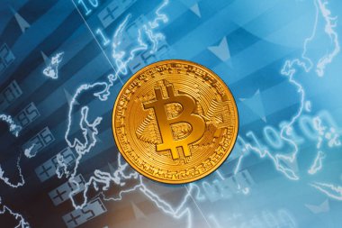 Altın bitcoin iş grafikleri yakın çekim parlak bir arka plan üzerine yığılmış. Bitcoin cryptocurrency Üstten Görünüm.