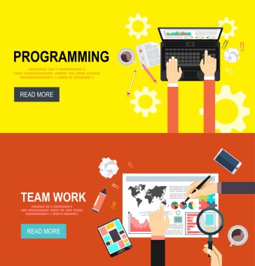 Vektör modern düz tasarımı ve programlama ve kodlama, Web sitesi geliştirme, web tasarım. Takım Yönetimi, organizasyon yapısı