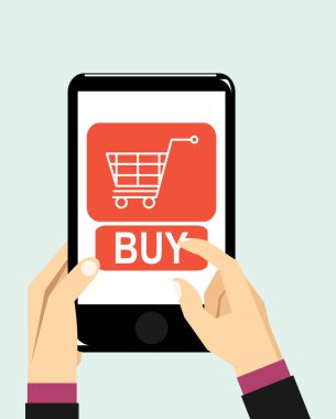 Akıllı telefon satın düğmesi ile ekranda tutan el. E-ticaret düz tasarım konsepti. Online satın alma için mobil akıllı telefon iphon için benzer kullanarak.