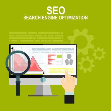 Düz web sayfa tasarım konsepti, arama motoru optimizasyon hizmeti, Seo veri analytics ve anahtar kelime işlem.