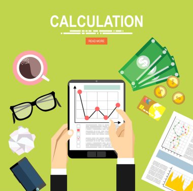 Hesaplama kavramı. İşadamı, muhasebeci. Düz tasarım vektör çizim. Finansal hesaplamalar, istatistikler, veri analizi, planlama, rapor.