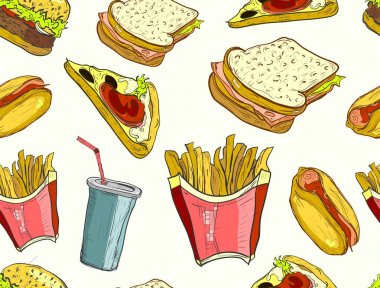 Elle çizilmiş lokanta desen. Abur cubur ve soda içecek arka plan. Hamburger, pizza, sosis, patates kızartması ve illüstrasyonlar ayrıntılı. Restoran Menü veya afiş için harika. Sorunsuz duvar kağıdı