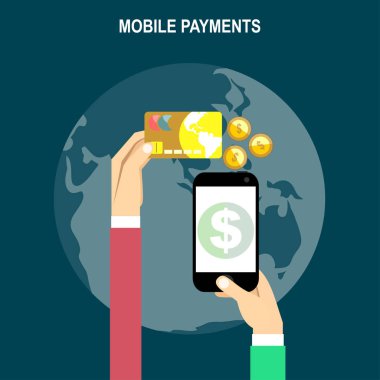 Mobil bankacılık. İnsan eli smartphone üzerinden kredi kartıyla ödeme düz kontur çizimi.