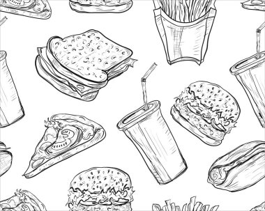 Elle çizilmiş lokanta desen. Abur cubur ve soda içecek arka plan. Hamburger, pizza, sosis, patates kızartması ve illüstrasyonlar ayrıntılı. Restoran Menü veya afiş için harika. Sorunsuz duvar kağıdı