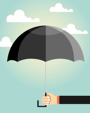 Bir şemsiye tutan işadamı el. Koruma, sigorta kavramı. vektör çizim düz tasarım