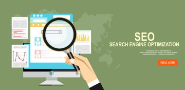 Vektör çizim. Düz arka plan. SEO. Arama Motoru Optimizasyonu.