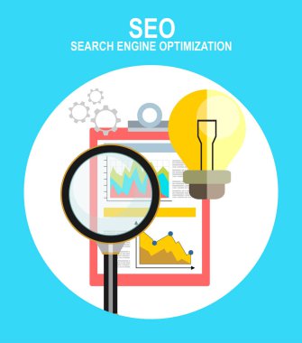 Düz web sayfa tasarım konsepti, arama motoru optimizasyon hizmeti, Seo veri analytics ve anahtar kelime işlem.
