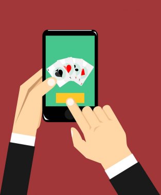 4 iskambil smartphone cep telefonu ile as. Elini tut telefon, parmak dokunmatik ekran. Cep telefonu poker