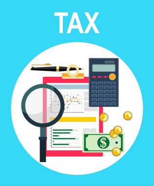 Vergi ödeme. Hükümet vergileri. Devlet vergi. Veri analizi, evrak, mali araştırma, rapor. İşadamı hesaplama vergi. Vergi iade hesaplama. Düz tasarım. Vergi formu vektör. Borç ödeme.