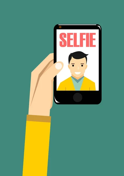 Vektor Leende Man Platt Karaktär Tar Selfie Mobiltelefon — Stock vektor