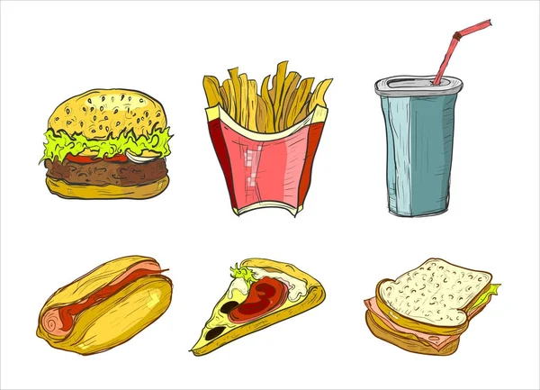 Set of junk food icon doodle isolated on white background. Burger, pizza, soft drink, french fries, hot dog