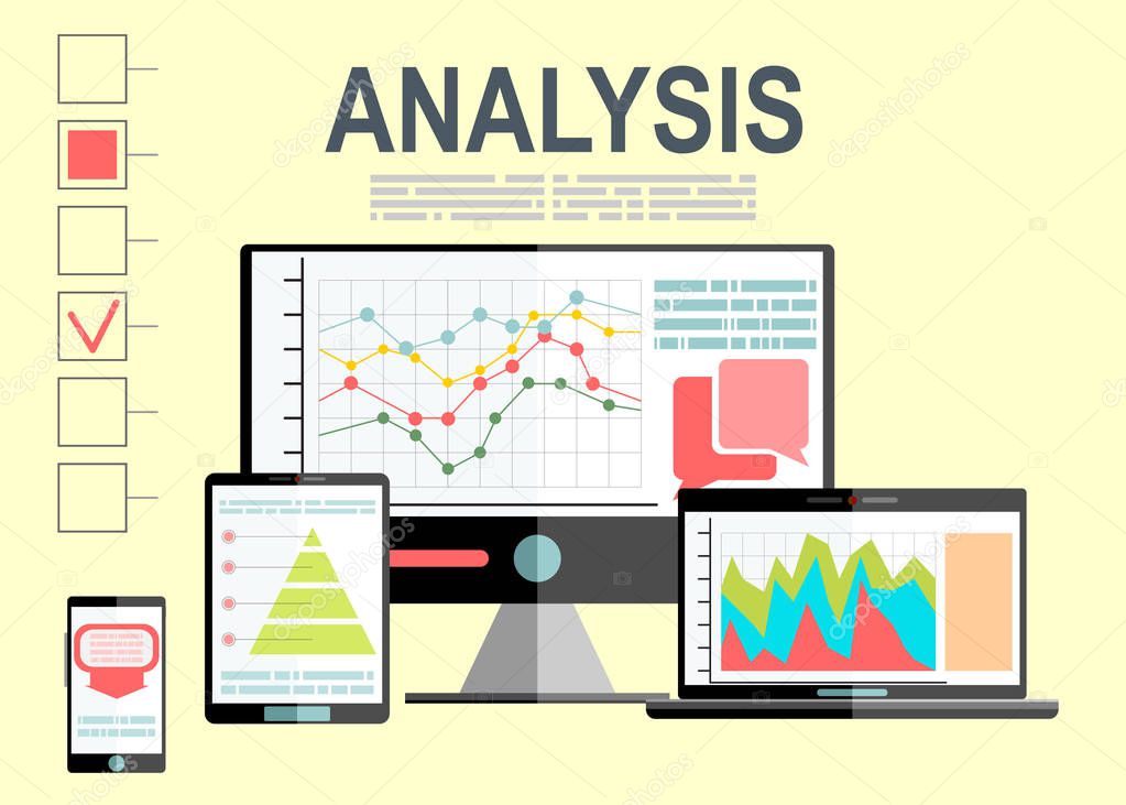Concept of website analytics search information and computing data analysis using modern electronic and mobile devices. Flat design modern vector illustration