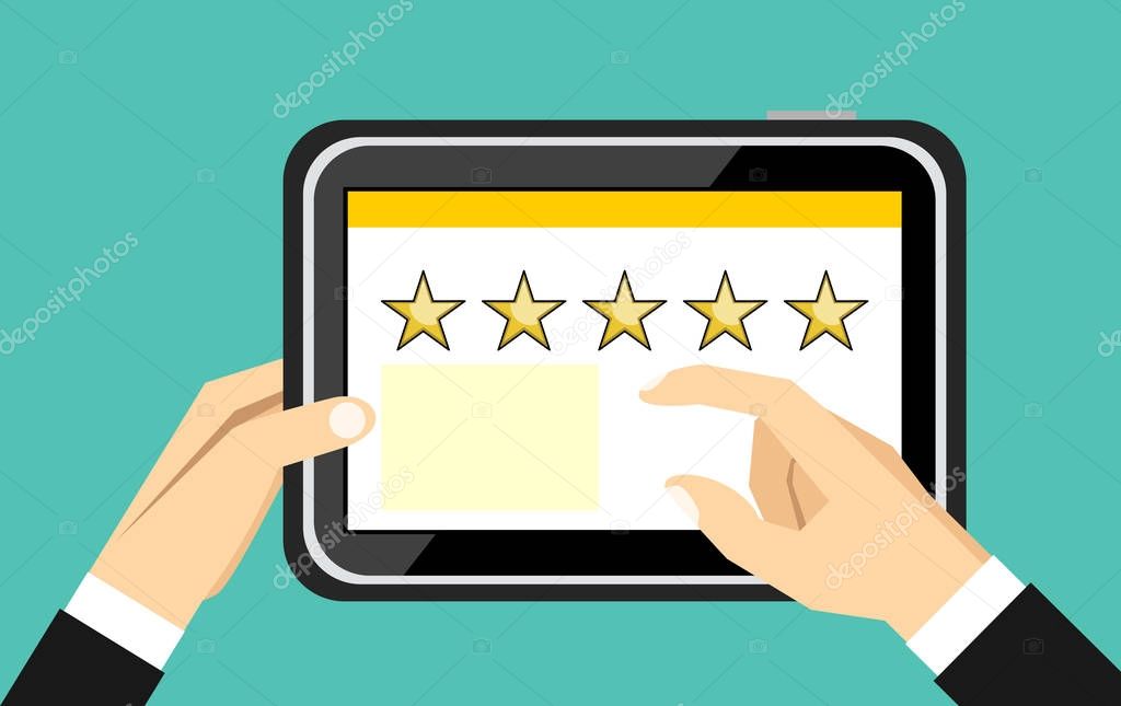 Hand holding and pointing to a tablet with five star on the screen. Rating and review concept. Flat design