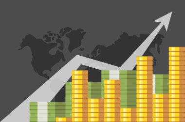 Yukarı ok vektör çizim, iş başarısı, finansal büyüme diyagram, kavramı ile yükselen grafiği ile para yığını amacı ulaşan