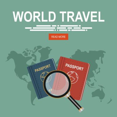 Vektör çizim. Düz arka plan el ve pasaport ile. Seyahat. Yaz tatili.